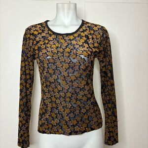 Vintage 90s Exchange Black Purple Gold Burnout Mesh Floral Long-sleeve Top